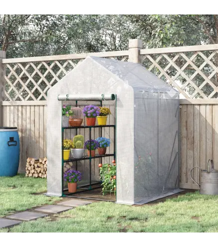 Invernadero de Exterior con 2 Estantes Puerta con Cremallera y Marco de Acero 143x143x195 cm Blanco