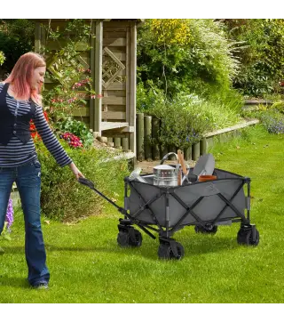 Carro de Jardín Plegable Carga 70 kg con Ruedas Delanteras Giratorias 360° y Altura del Manillar Ajustable Gris Oscuro