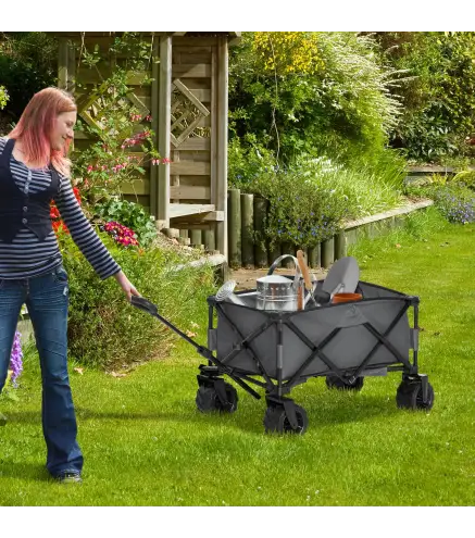 Carro de Jardín Plegable Carga 70 kg con Ruedas Delanteras Giratorias 360° y Altura del Manillar Ajustable Gris Oscuro