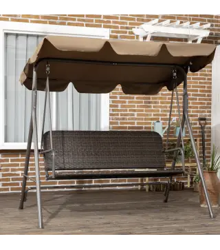Balancín de Jardín Exterior de 3 Plazas con Toldo Ajustable Asiento de Ratán PE y Reposabrazos 167x112x153 cm Marrón