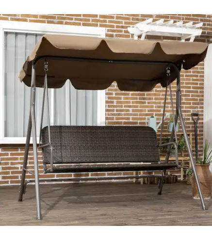 Balancín de Jardín Exterior de 3 Plazas con Toldo Ajustable Asiento de Ratán PE y Reposabrazos 167x112x153 cm Marrón