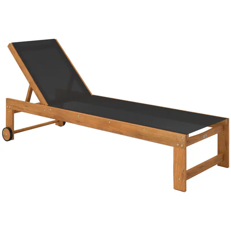 Tumbona de Jardín con Respaldo Ajustable Ruedas Integradas y Estructura de Madera de Acacia Capacidad de 160 kg Negro
