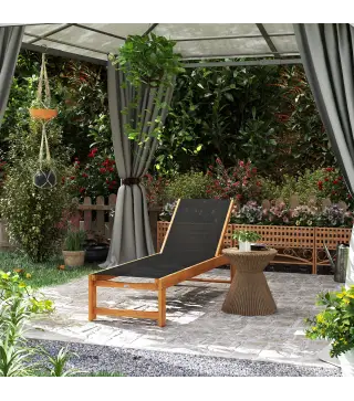 Tumbona de Jardín con Respaldo Ajustable Ruedas Integradas y Estructura de Madera de Acacia Capacidad de 160 kg Negro