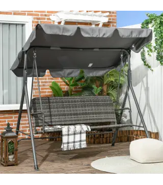Balancín de Jardín Exterior de 3 Plazas con Toldo Ajustable Asiento de Ratán PE y Reposabrazos 167x112x153 cm Gris