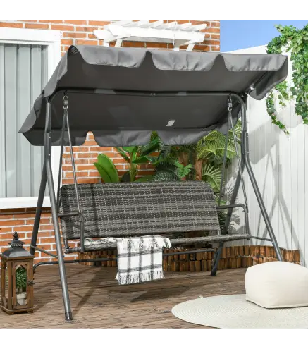 Balancín de Jardín Exterior de 3 Plazas con Toldo Ajustable Asiento de Ratán PE y Reposabrazos 167x112x153 cm Gris
