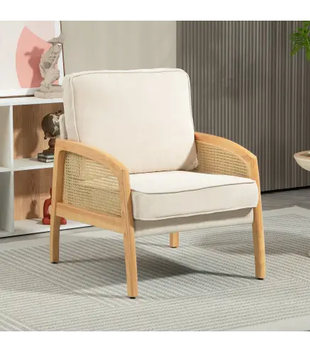 Butaca de Estilo Moderno con Apoyabrazos de Ratán Sintético Asiento de Espuma y Cojín Extraíble 67x75x88 cm Beige