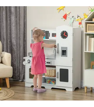 Cocina de Madera Infantil con Fogón Grifo Fregadero Microondas Reloj Máquina de Hielo y Accesorios de Cocina Blanco