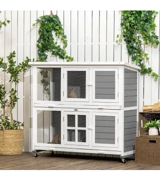 Conejera de Madera de 2 Niveles con Ruedas 2 Puertas Techo y Bandejas Extraíbles 119x50,5x109 cm Blanco y Gris