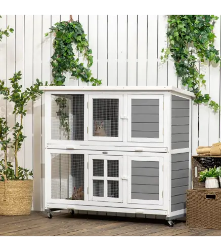 Conejera de Madera de 2 Niveles con Ruedas 2 Puertas Techo y Bandejas Extraíbles 119x50,5x109 cm Blanco y Gris
