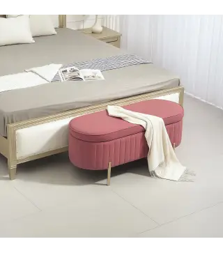 Banco para Pie de Cama con Almacenaje Tapizado en Terciopelo Patas Doradas y Diseño Elegante Ovalado 108x44x43,5cm Rosa