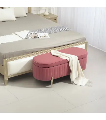 Banco para Pie de Cama con Almacenaje Tapizado en Terciopelo Patas Doradas y Diseño Elegante Ovalado 108x44x43,5cm Rosa