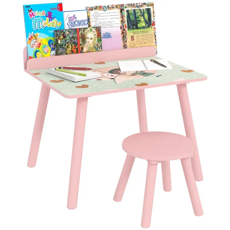 Mesa Infantil con Silla y Estante para Libros Escritorio para Niños de +3 Años para Sala de Juegos Rosa