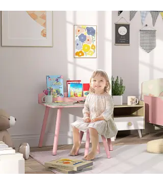 Mesa Infantil con Silla y Estante para Libros Escritorio para Niños de +3 Años para Sala de Juegos Rosa