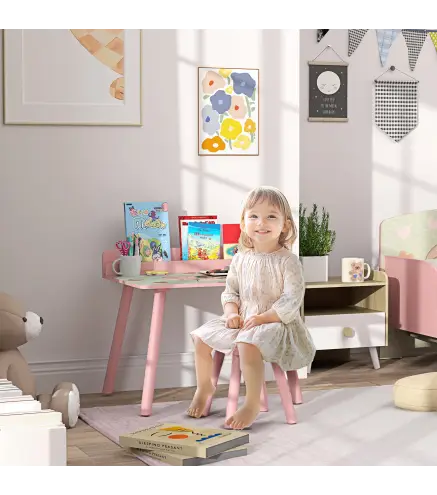 Mesa Infantil con Silla y Estante para Libros Escritorio para Niños de +3 Años para Sala de Juegos Rosa