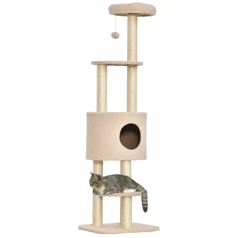 Árbol Rascador para Gatos Altura 148 cm Árbol para Gatos con Postes de Sisal Plataformas Casa y Bola Colgante Beige