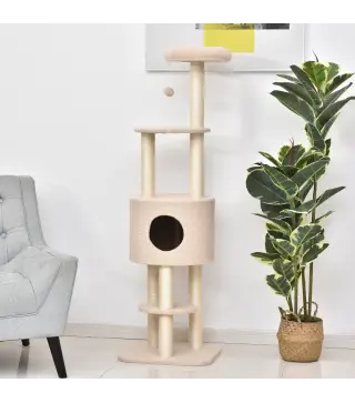 Árbol Rascador para Gatos Altura 148 cm Árbol para Gatos con Postes de Sisal Plataformas Casa y Bola Colgante Beige