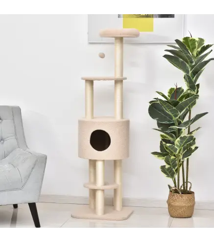 Árbol Rascador para Gatos Altura 148 cm Árbol para Gatos con Postes de Sisal Plataformas Casa y Bola Colgante Beige