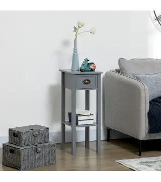 Mesa Auxiliar Estilo Moderno Mesita Auxiliar con Cajón y Estante de Almacenamiento 30x30x75 cm Gris