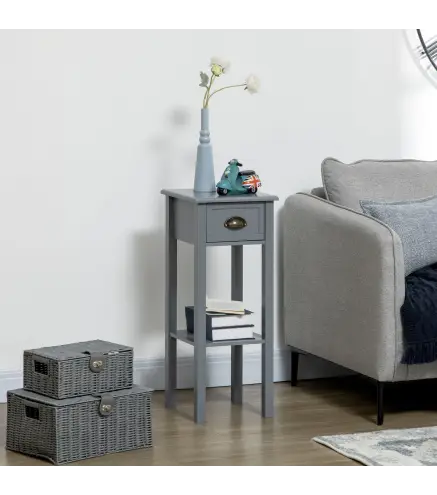 Mesa Auxiliar Estilo Moderno Mesita Auxiliar con Cajón y Estante de Almacenamiento 30x30x75 cm Gris