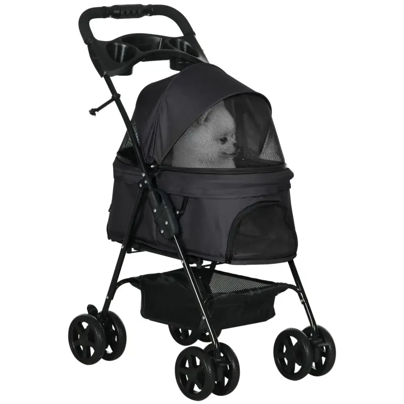 Carrito para Perros Plegable con Ruedas Universales Cesta de Almacenaje Ventanas de Malla y Bandeja 67x45x96 cm Negro