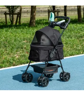 Carrito para Perros Plegable con Ruedas Universales Cesta de Almacenaje Ventanas de Malla y Bandeja 67x45x96 cm Negro