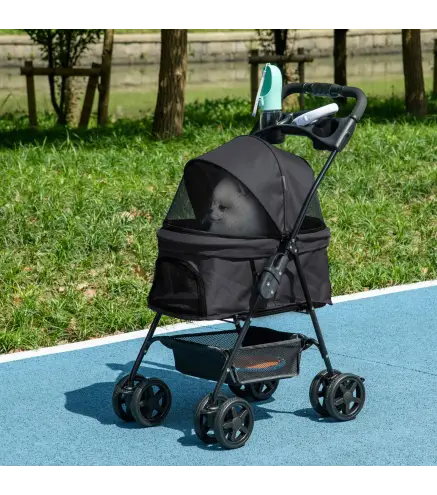 Carrito para Perros Plegable con Ruedas Universales Cesta de Almacenaje Ventanas de Malla y Bandeja 67x45x96 cm Negro