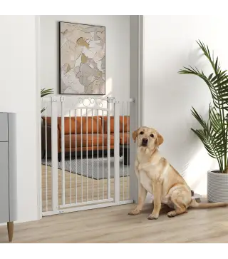 Puerta para Perros con Ancho Ajustable 76-104 cm Barrera de Seguridad con 2 Extensiones y Doble Bloqueo Blanco