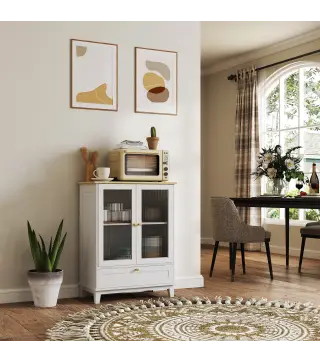 Aparador de Salón con Cajón y Estante Ajustable Aparador de 2 Puertas de Vidrio 68x35x85 cm Blanco y Roble