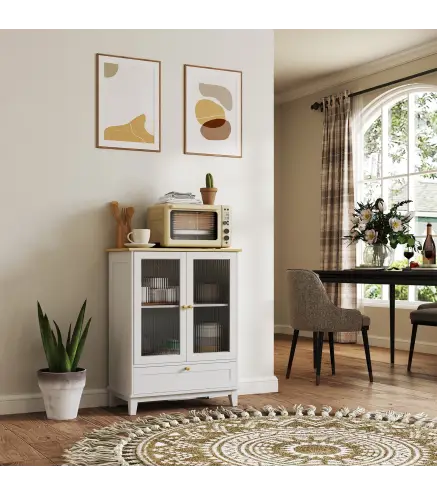 Aparador de Salón con Cajón y Estante Ajustable Aparador de 2 Puertas de Vidrio 68x35x85 cm Blanco y Roble