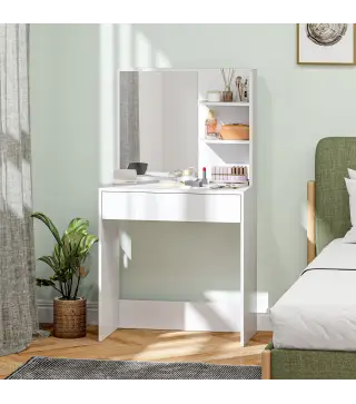 Tocador de Maquillaje con Espejo Mesa de Maquillaje con Cajón y Estantes Abiertos Blanco