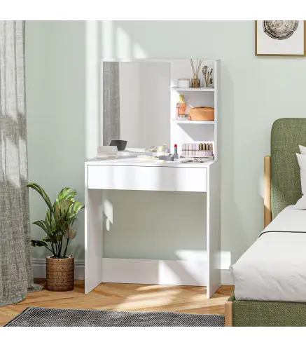 Tocador de Maquillaje con Espejo Mesa de Maquillaje con Cajón y Estantes Abiertos Blanco
