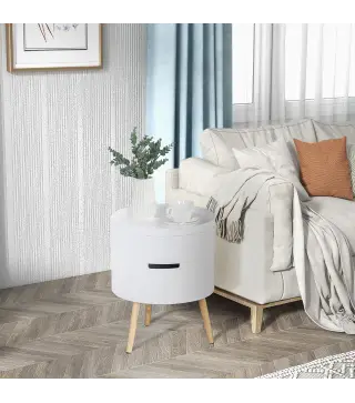 Mesita de noche - mesa de centro con 2 compartimentos de almacenamiento - tapa de MDF - dim. Ø 38 x 48 cm - blanco