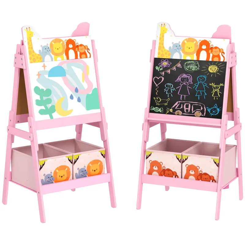 Pizarra Infantil de Doble Cara con 2 Cajas de Tela Caballete de Pintura para Niños con Estampado de Animales Rosa Pizarra Infantil de Doble Cara con 2 Cajas de Tela Caballete de Pintura para Niños con Estampado de Animales Rosa