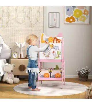 Pizarra Infantil de Doble Cara con 2 Cajas de Tela Caballete de Pintura para Niños con Estampado de Animales Rosa