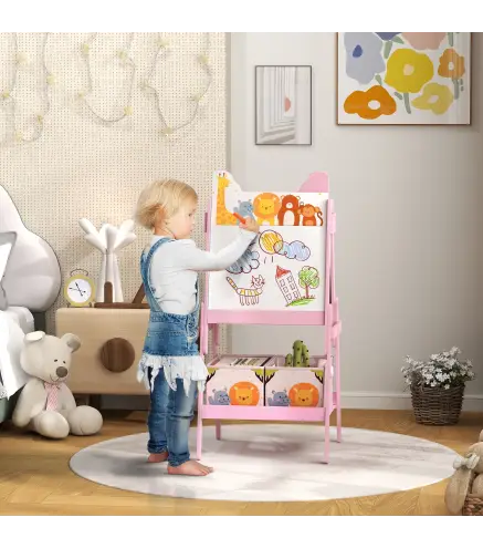 Pizarra Infantil de Doble Cara con 2 Cajas de Tela Caballete de Pintura para Niños con Estampado de Animales Rosa