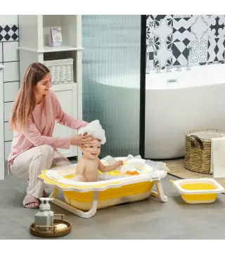 Bañera Plegable con Cojín Palangana Patas Almohadillas Antideslizantes Orificio de Drenaje y Agujero de Ducha Amarillo