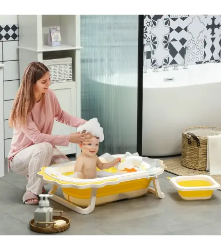 Bañera Plegable con Cojín Palangana Patas Almohadillas Antideslizantes Orificio de Drenaje y Agujero de Ducha Amarillo