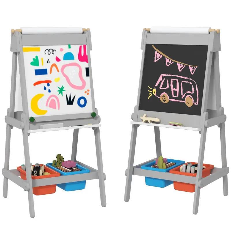 Pizarra Infantil con Caballete Pizarra de Doble Cara con Rollo de Papel Borrador Cajas de Almacenamiento Gris