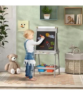 Pizarra Infantil con Caballete Pizarra de Doble Cara con Rollo de Papel Borrador Cajas de Almacenamiento Gris