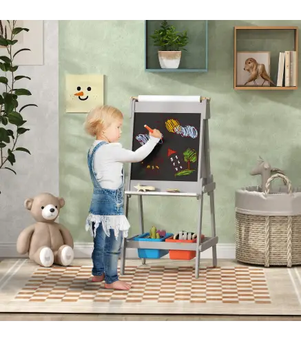 Pizarra Infantil con Caballete Pizarra de Doble Cara con Rollo de Papel Borrador Cajas de Almacenamiento Gris