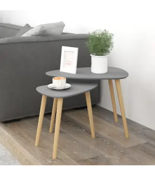 Juego de 2 Mesas Auxiliares Mesas Nido con Patas de Madera 59,5x39,5x45 cm y 44,5x28,5x40 cm Gris y Natural