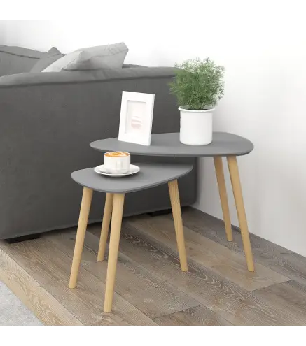 Juego de 2 Mesas Auxiliares Mesas Nido con Patas de Madera 59,5x39,5x45 cm y 44,5x28,5x40 cm Gris y Natural
