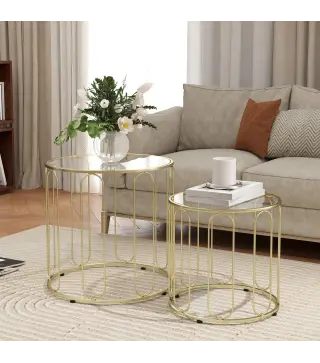 Conjunto de 2 Mesas Auxiliares Tipo Nido con Estructura de Metal y Encimera de Cristal Ø50x50 cm y Ø40x40 cm Dorado