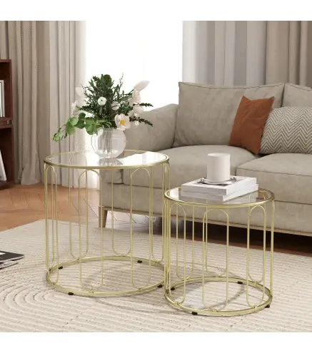 Conjunto de 2 Mesas Auxiliares Tipo Nido con Estructura de Metal y Encimera de Cristal Ø50x50 cm y Ø40x40 cm Dorado