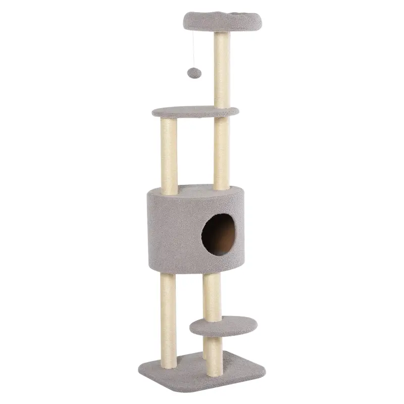 Árbol Rascador para Gatos Altura 148 cm Árbol para Gatos con Postes de Sisal Plataformas Casa y Bola Colgante Gris