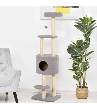 Árbol Rascador para Gatos Altura 148 cm Árbol para Gatos con Postes de Sisal Plataformas Casa y Bola Colgante Gris