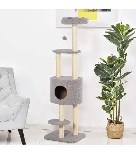 Árbol Rascador para Gatos Altura 148 cm Árbol para Gatos con Postes de Sisal Plataformas Casa y Bola Colgante Gris