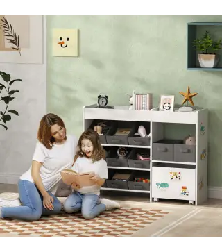 Organizador Infantil con 11 Cestas Extraíbles Compartimentos y Láminas de Pegatinas 105x30x80 cm Blanco