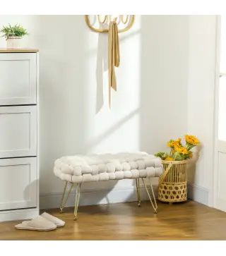 Banco Pie de Cama Tapizado en Terciopelo Reposapiés con Patas de Metal y Asiento Acolchado Crema