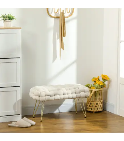 Banco Pie de Cama Tapizado en Terciopelo Reposapiés con Patas de Metal y Asiento Acolchado Crema